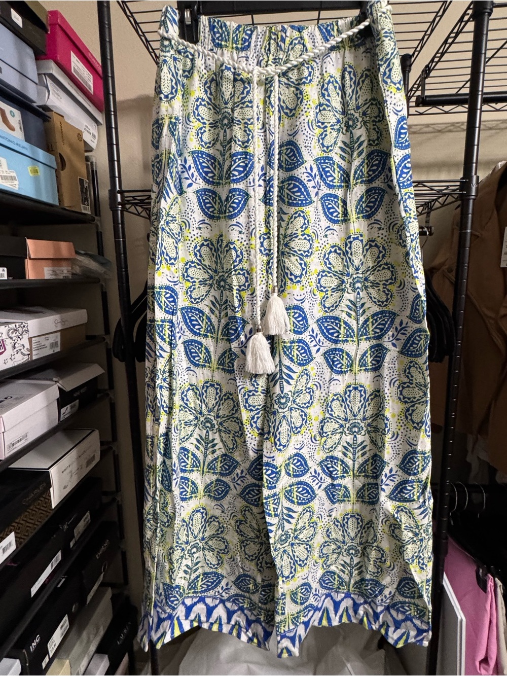 Boho Tassel Drawstring Wide Leg Pants Blue, Green & White